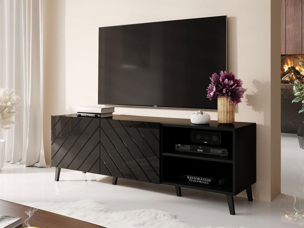 Veneti TV stolík 150 cm BERMEJO - čierny / lesklý čierny